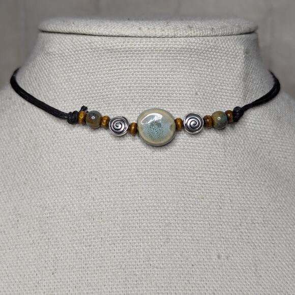Handmade Jewelry - Circle Spiral Charm Blue Green Ceramic Wood Bead Boho Whimsical Choker Necklace